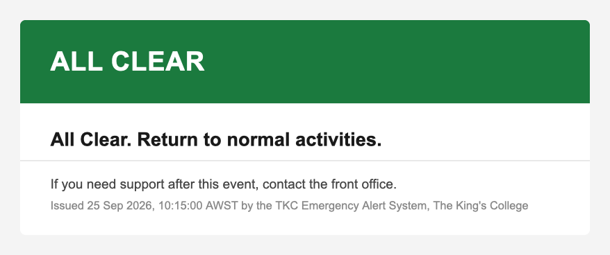 All Clear email as received by staff