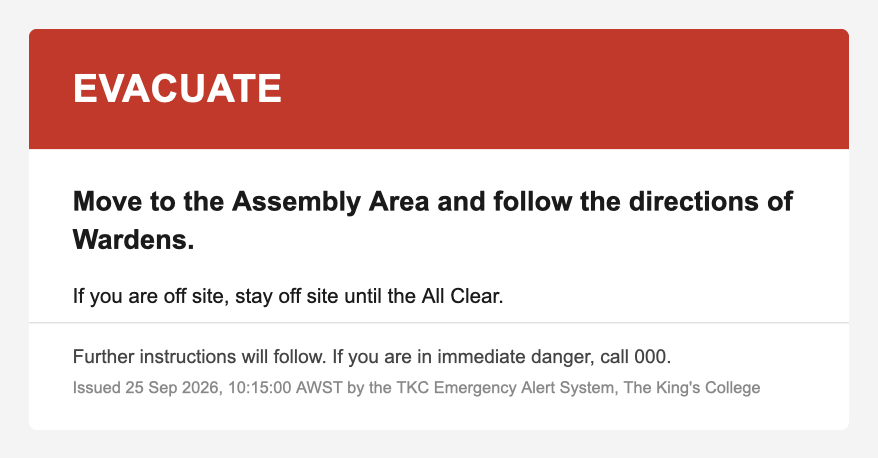 Evacuation email as received by staff