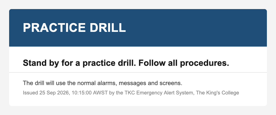 Practice drill notice email as received by staff