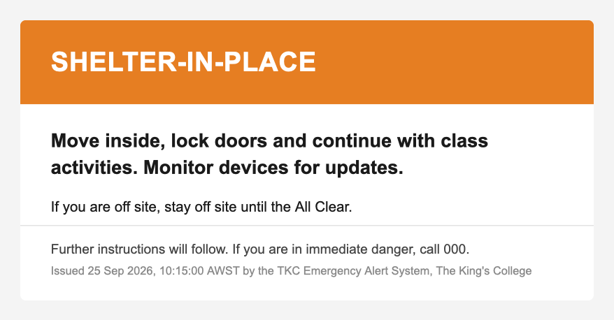 Shelter-in-Place email as received by staff