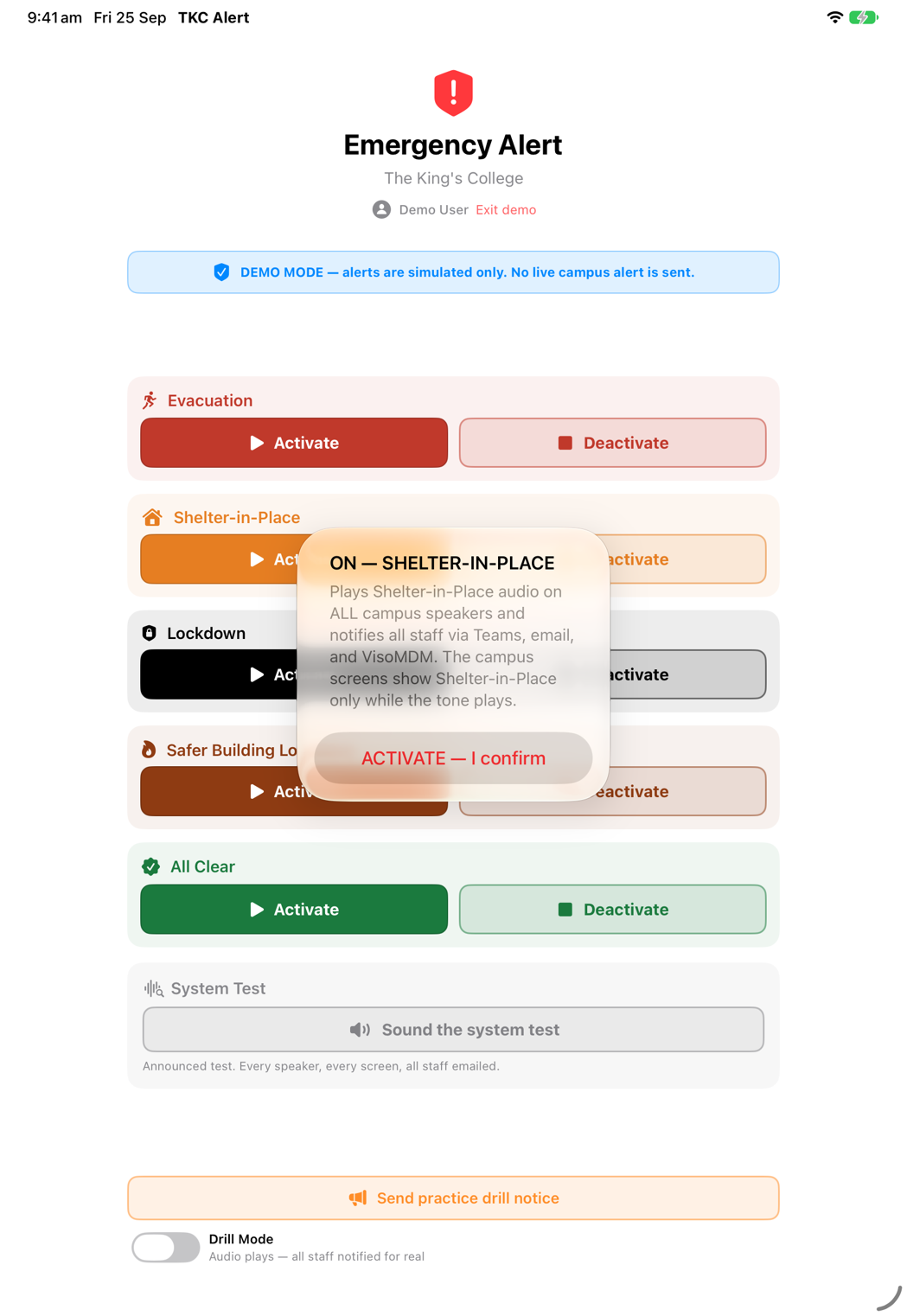 Confirmation prompt before Shelter-in-Place is raised, on iPad