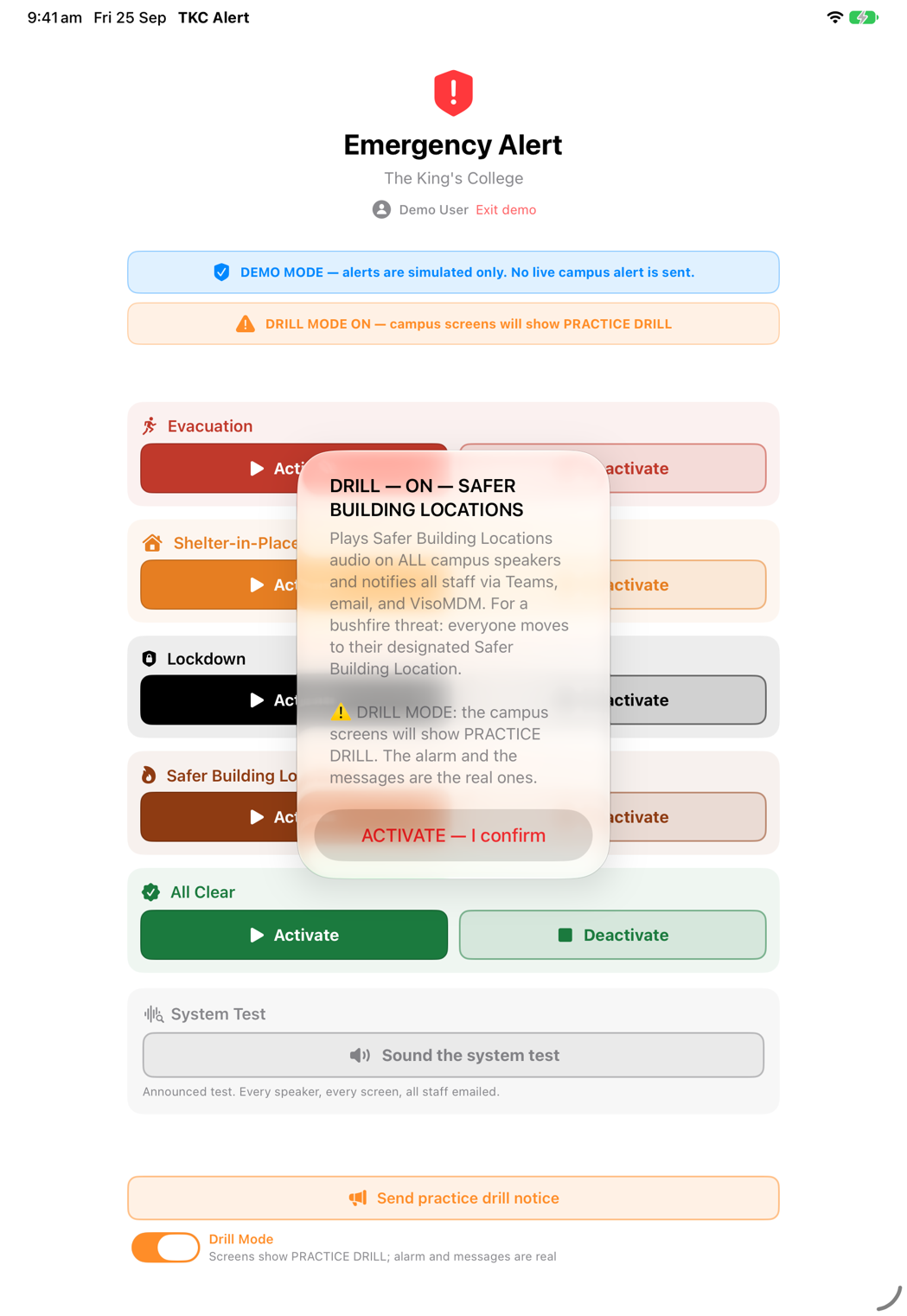 Drill Mode on in the TKC Alert app, confirming a Safer Building Locations drill