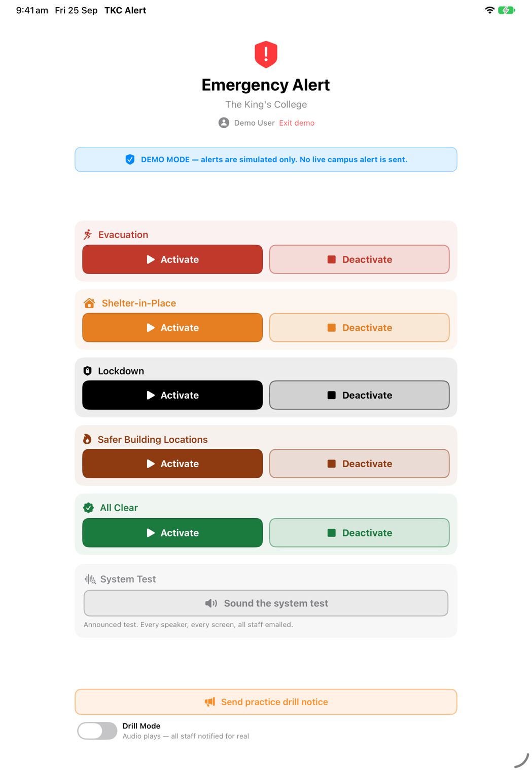 The TKC Alert app on iPad, showing all five responses and the system test