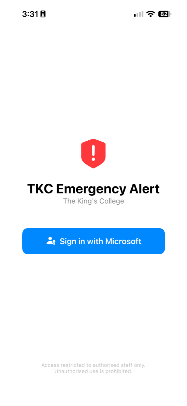 The TKC Alert sign-in screen on iPhone