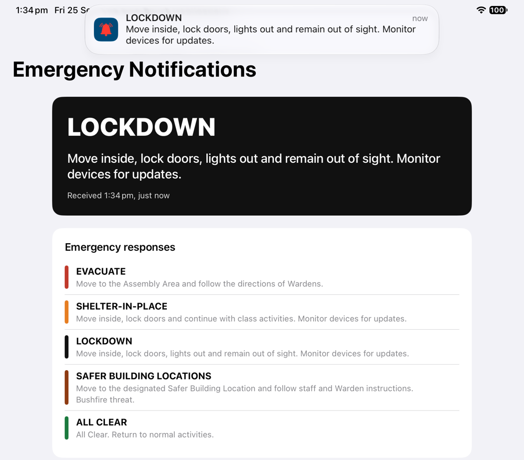 TKC Emergency Notifications on iPad, showing a Lockdown alert and the notification banner