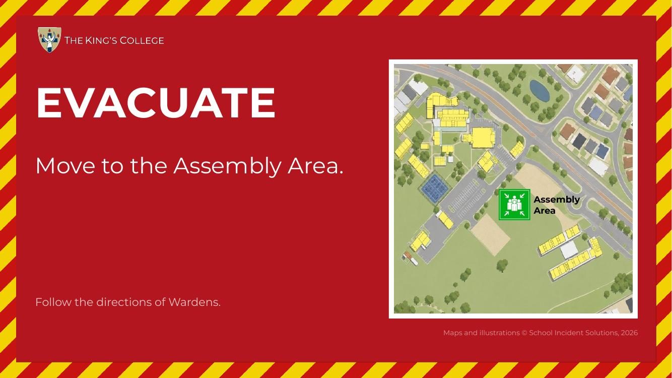 Evacuation message on a campus screen, with the campus map and the Assembly Area