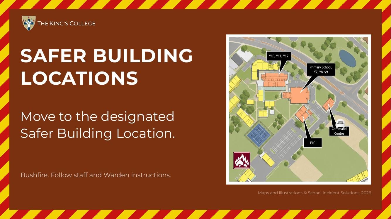 Safer Building Locations message on a campus screen, with the campus map